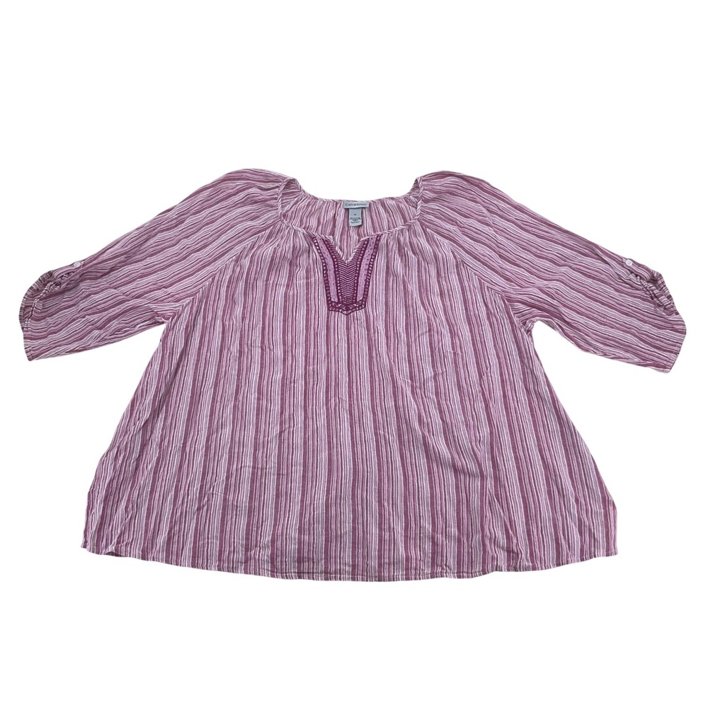 Vintage Catherines Blouse Womens 2X Pink Striped Embroidered Boho Peasant Top